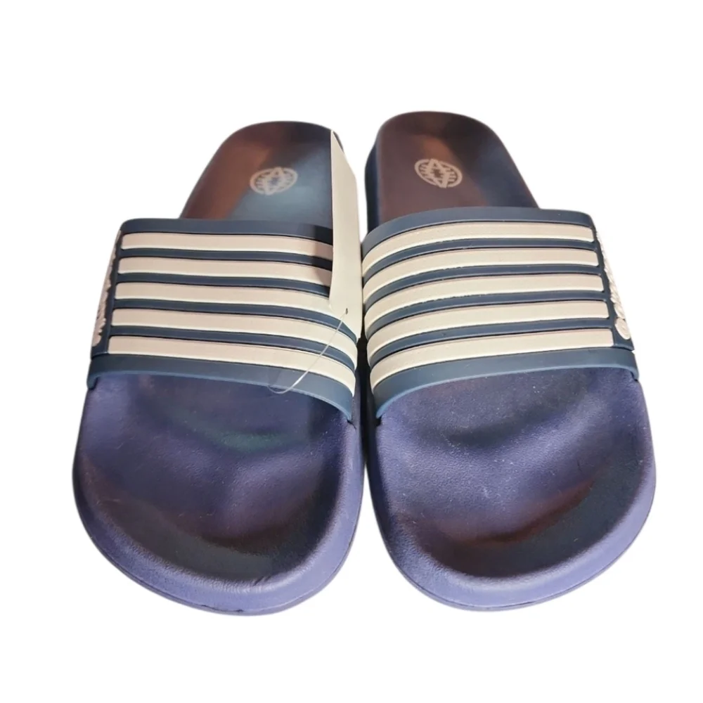 NEW Men's Akademiks Striped Logo Navy Blue & White Slides Slippers Size 11 (44)